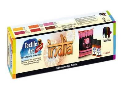 Set boja za tekstil INDIA 6x20ml u šarenim bočicama za kreativno oslikavanje tkanine.