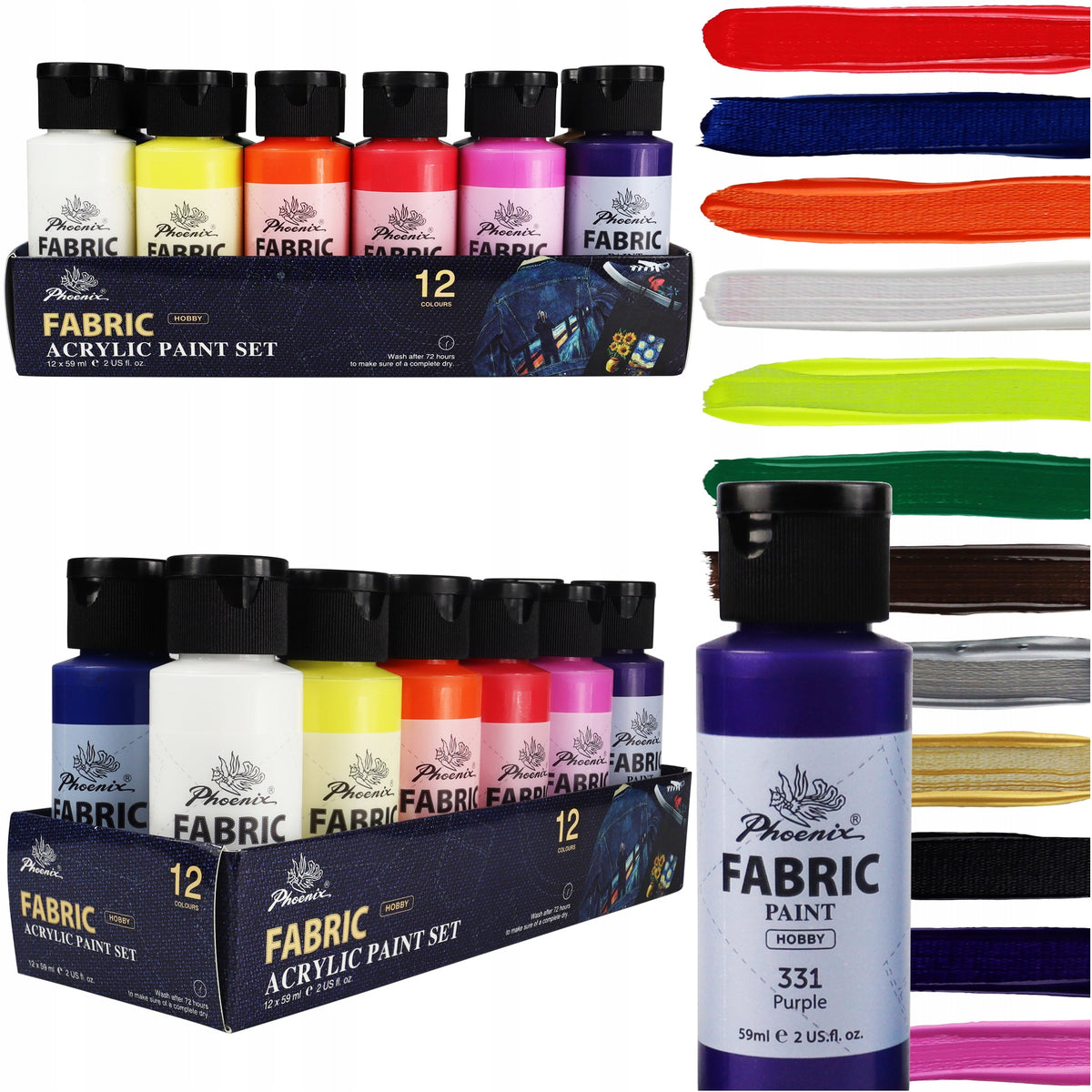 Set boja za tekstil Phoenix 12 – 24 x 59 ml