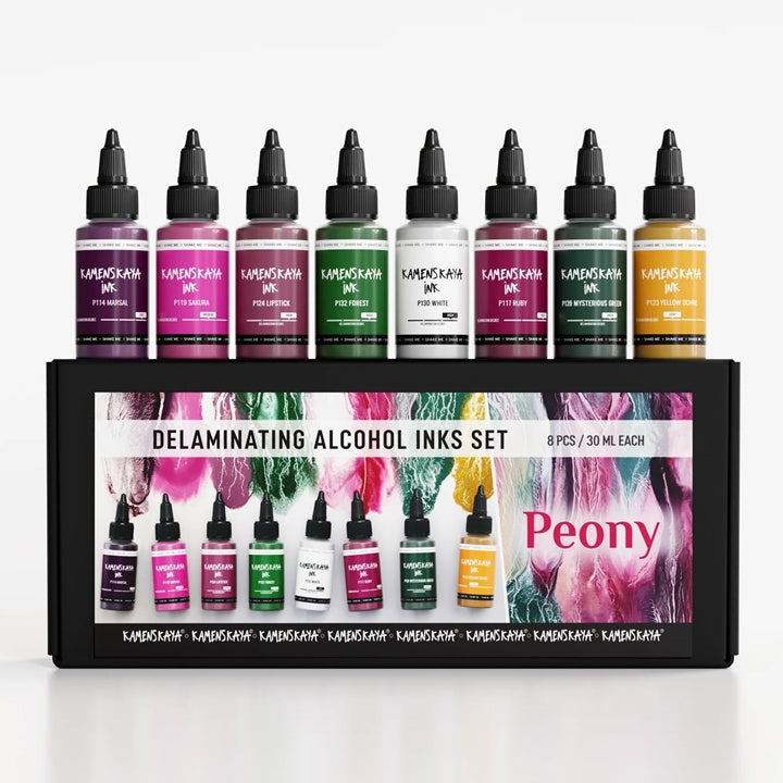 Set KAMENSKAYA 'Peony' delaminacijskih mastila u kutiji sa osam bočica od 30 ml za umjetničko stvaralaštvo.