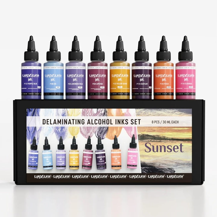 Set KAMENSKAYA Sunset delaminacijskih mastila, osam bočica od 30 ml u toplim tonovima zalaska sunca.