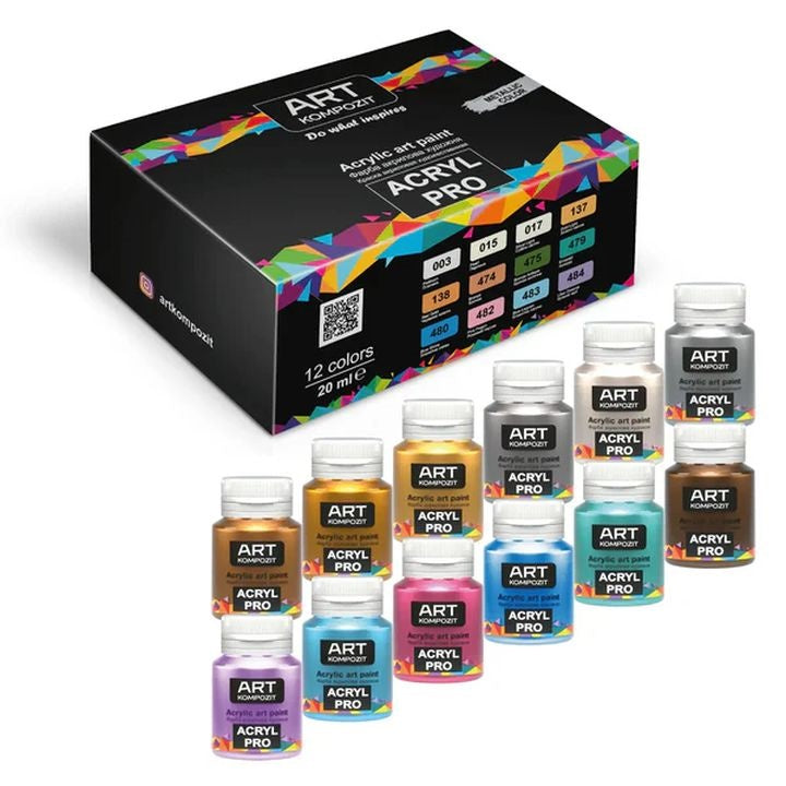 Set od 12 metalik akrilnih boja ACRYL PRO Kompozit u tubama od 20 ml za umjetničko slikanje.