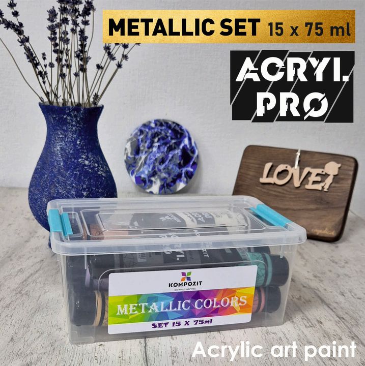 Prikaz svih 15 metalik akrilnih boja iz ACRYL PRO Kompozit seta
