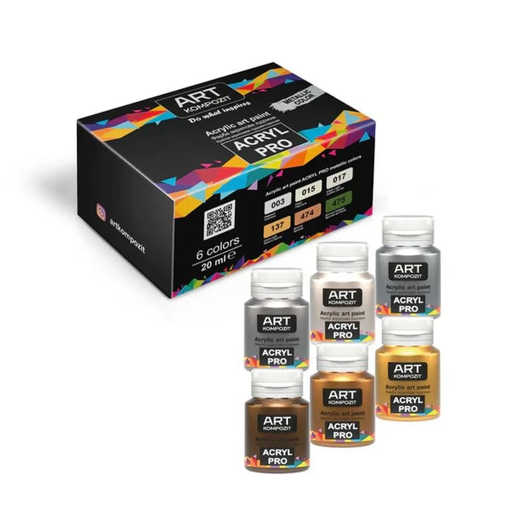 Set metalik akrilnih boja ACRYL PRO Kompozit, šest tuba od 20 ml za umjetničko slikanje.
