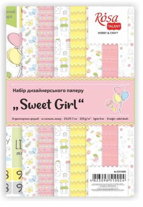 Set papira za scrapbooking Sweet Girl dimenzija 21 x 29.7 cm sa nježnim motivima za kreativno ukrašavanje.