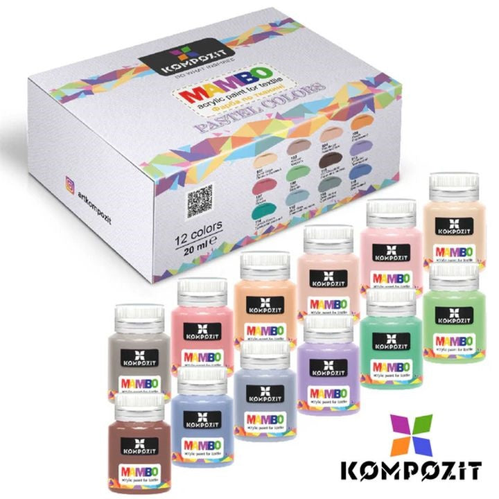 Set MAMBO Kompozit pastelnih boja za tekstil i kožu, 12 tuba po 20 ml u kutiji.