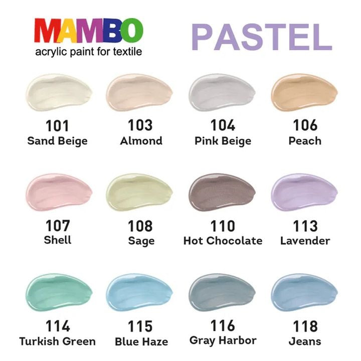 Pogled na 12 tuba MAMBO Kompozit pastelnih boja za oslikavanje tekstila i kože.