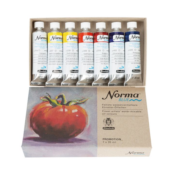 Otvorena kutija Schmincke Norma Blue seta sa sedam nijansi profesionalnih uljanih boja
