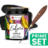 Set umjetničkih špahtli i ARTMIE Euforia akrilna boja u nijansi mars crna za slikanje na platnu.