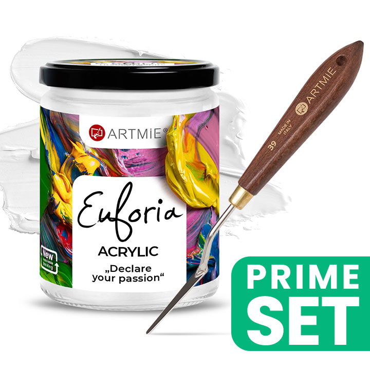 Set umjetničkih špahtli i ARTMIE Euforia titan bijela akrilna boja za slikanje na platnu.