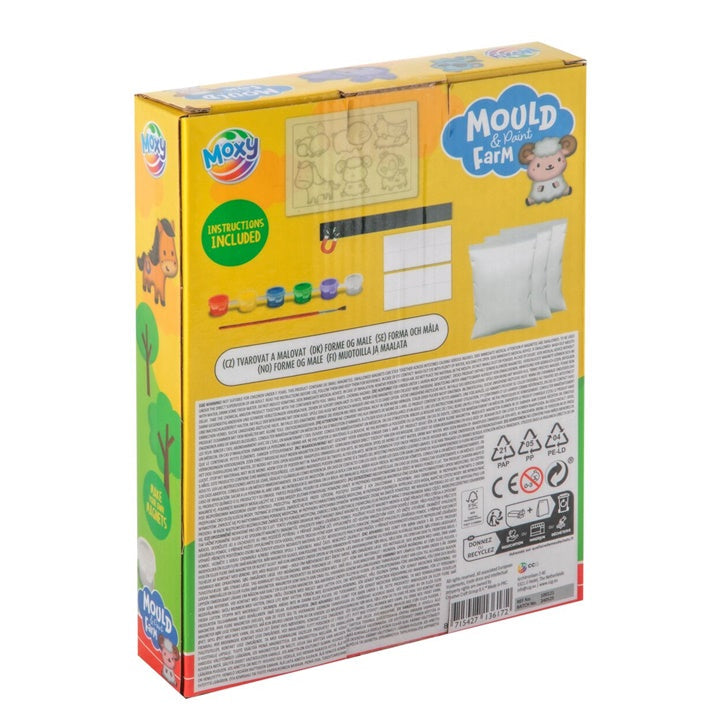 Sadržaj seta Mould & Paint Farma: gips, kalupi životinja i set boja.