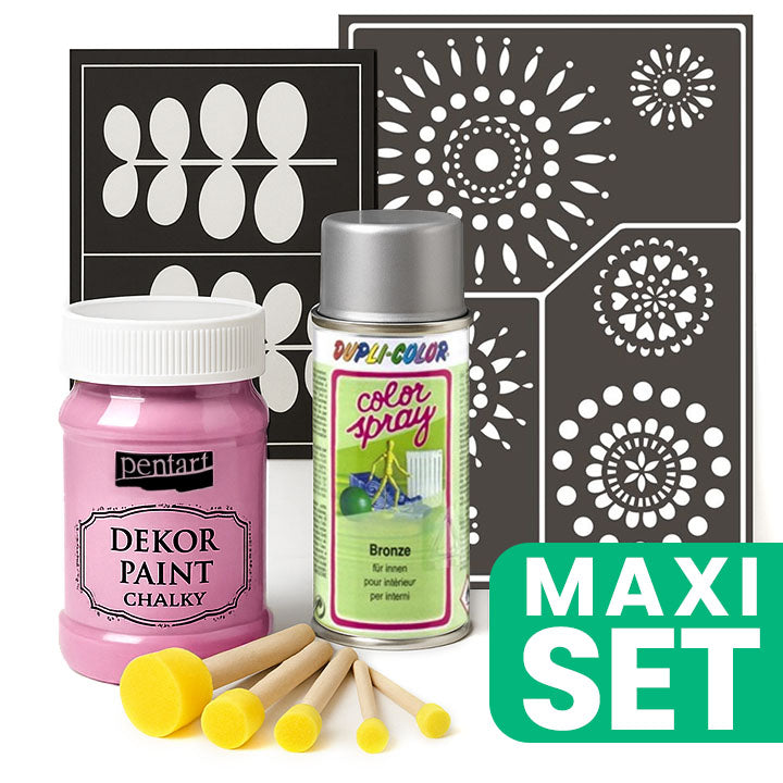 Set za renovaciju namještaja koji sadrži baby roze boju i srebrni sprej za dekoraciju.