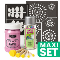 Set za renovaciju namještaja koji sadrži baby roze boju i srebrni sprej za dekoraciju.