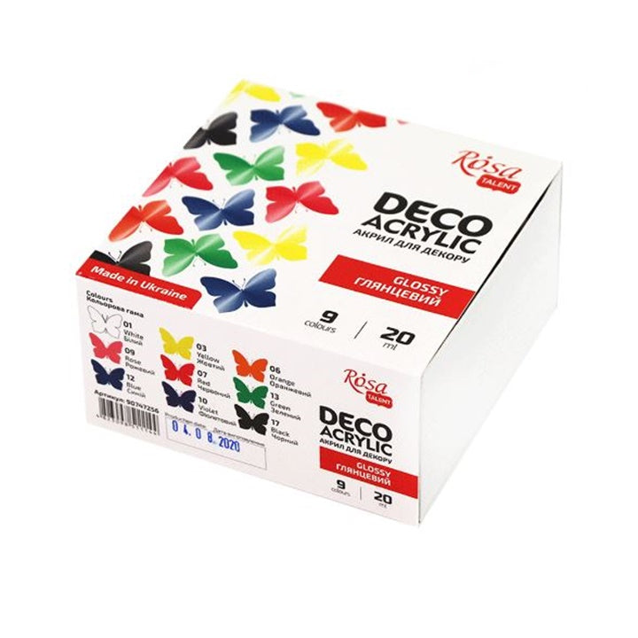 Set od devet sjajnih akrilnih boja ROSA Talent Deco u bočicama od 20 ml za kreativno oslikavanje.