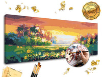 Detaljan prikaz platna za slikanje po brojevima PREMIUM GOLD sa šarenim pejzažom i numerisanim poljima.