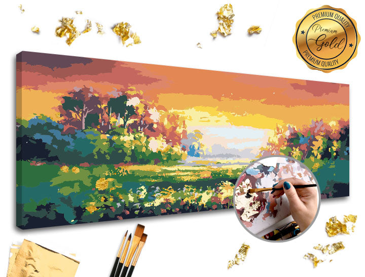 Detaljan prikaz platna za slikanje po brojevima PREMIUM GOLD sa šarenim pejzažom i numerisanim poljima.