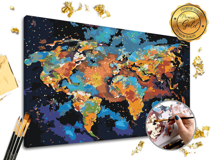 Set za slikanje po brojevima PREMIUM GOLD Šareni svijet sa platnom, bojama i kistovima
