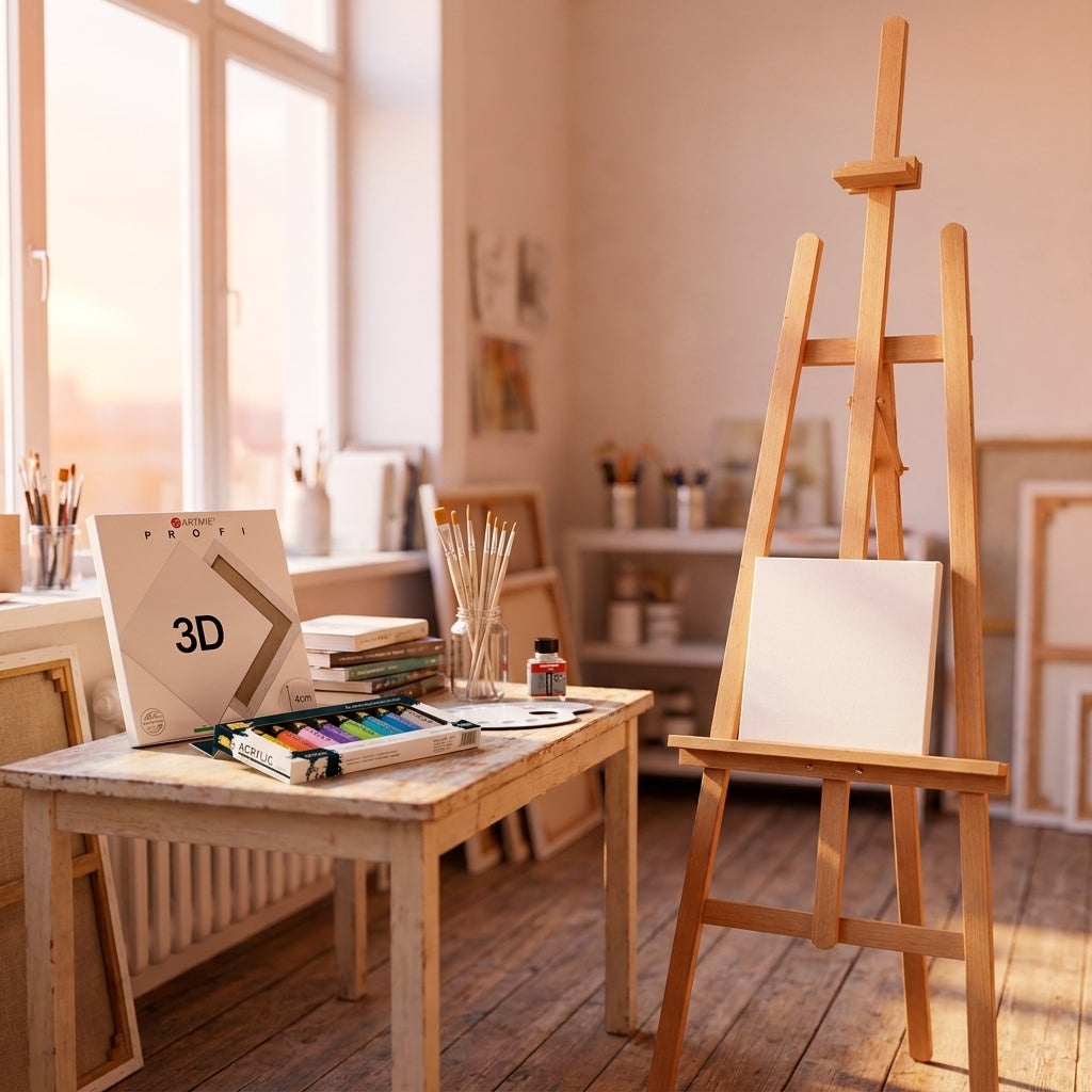 Slikarski starter set ARTMIE u ateljeu — štafelaj MONET s platnom 20×20 cm