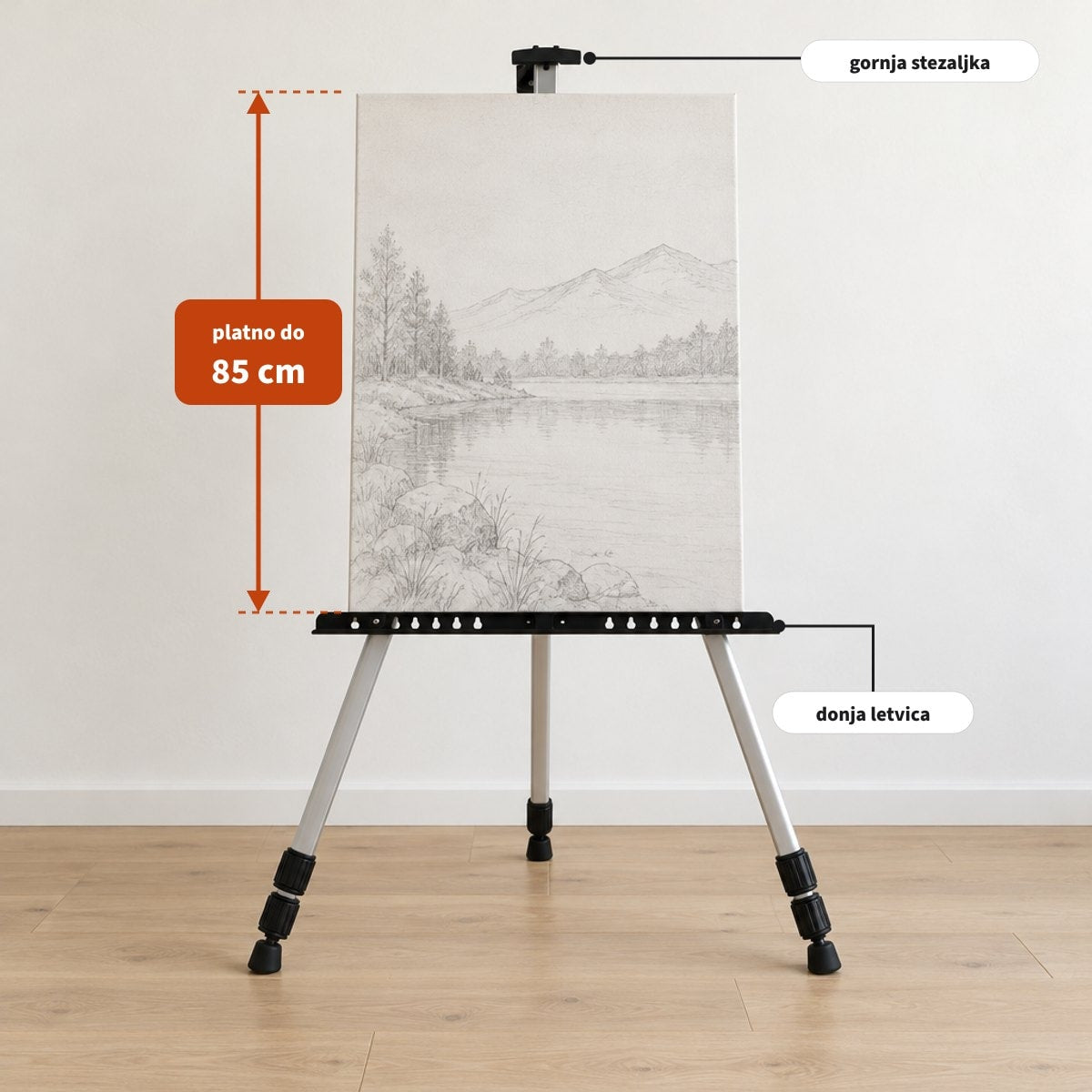 Platno visine do 85 cm u podesivim držačima štafelaja Royal ALUMINIUM