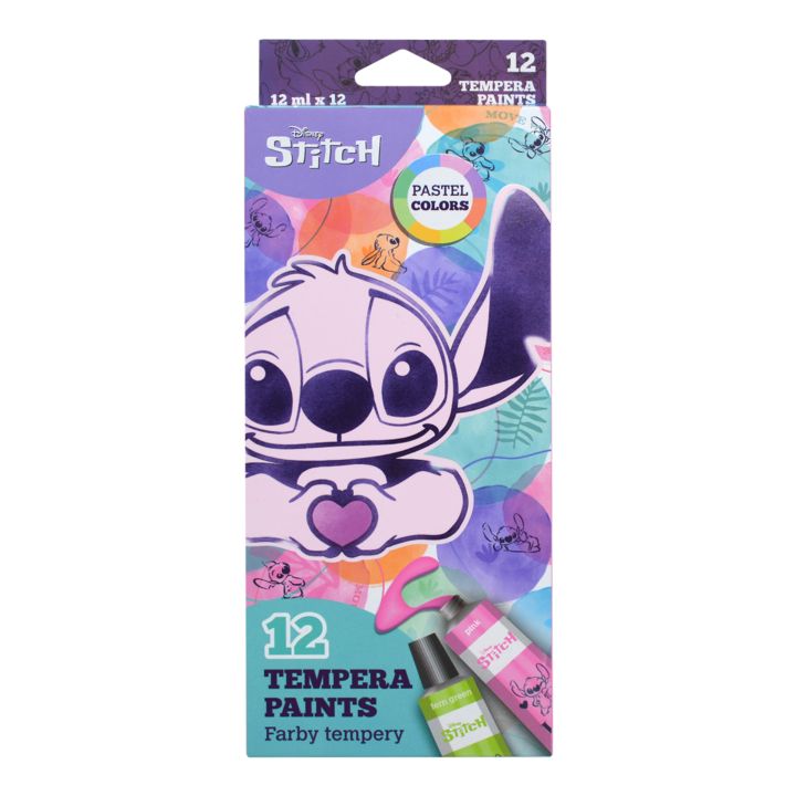 Pakovanje od 12 tempera u pastelnim bojama od 12 ml sa motivom Disney Stitch za kreativno slikanje.