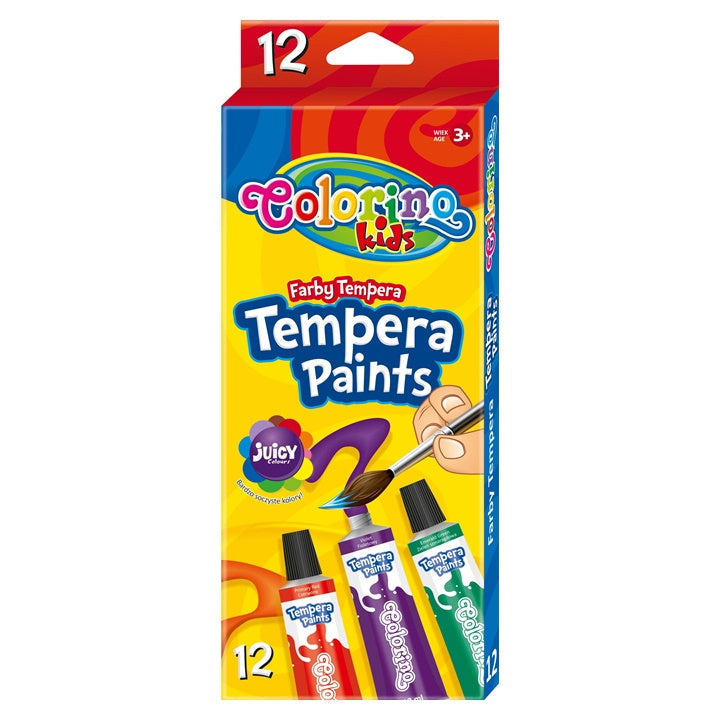 Pakovanje Colorino tempera sa 12 tuba od 12 ml, idealno za školske likovne radove.