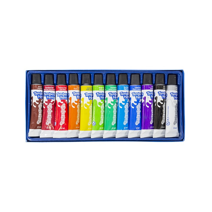 Set Colorino tempera u 12 živopisnih boja, poredanih u kutiji za slikanje.