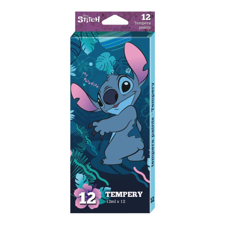 Pakovanje Disney Stitch tempera sa 12 boja u tubama od 12 ml za kreativno slikanje.