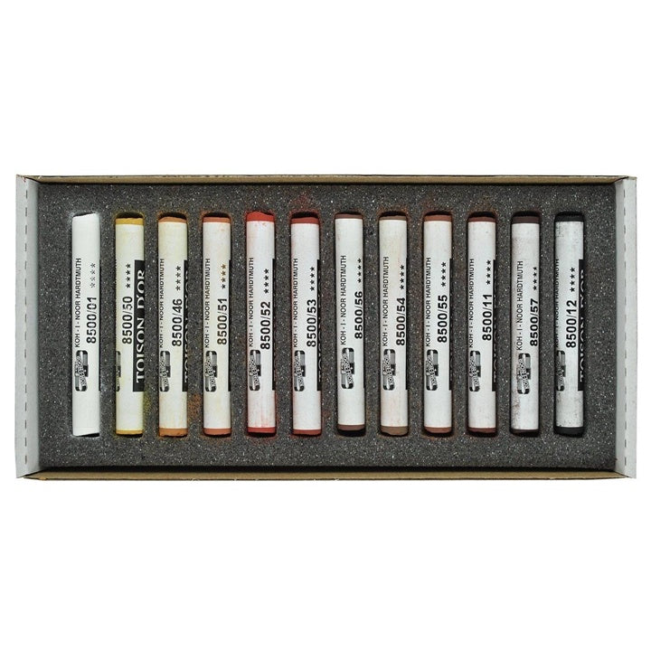 Detaljan prikaz 12 Toison D’Or mekih pastela u smeđim tonovima, idealnih za sjenčanje i umjetničke radove.