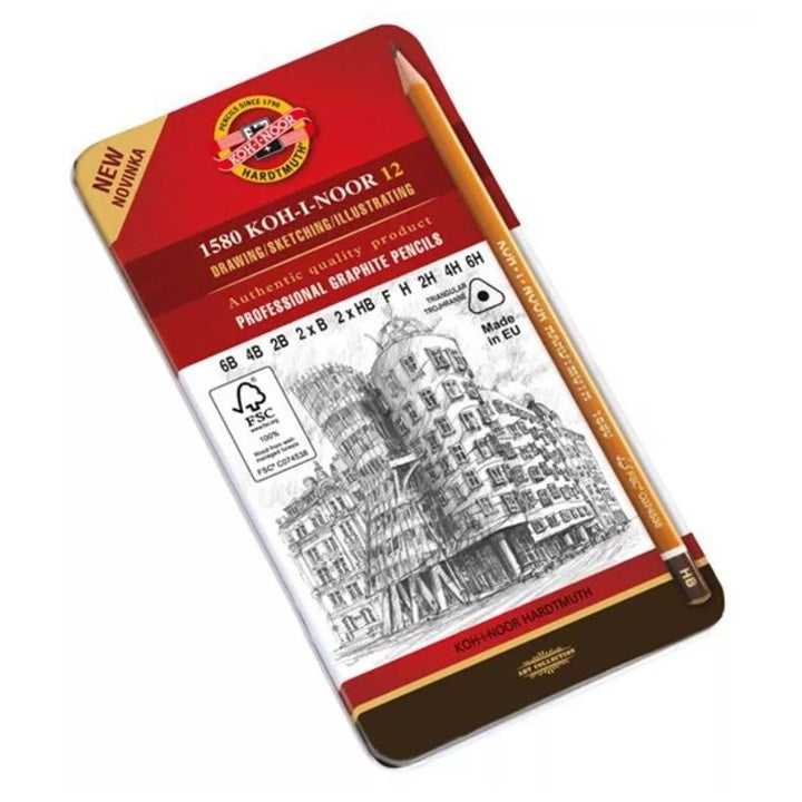 Set od 12 trougaonih grafitnih olovaka KOH-I-NOOR 1582 u praktičnom pakovanju za crtanje i skiciranje.