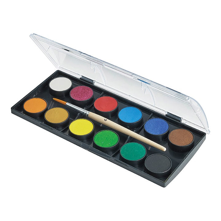 Otvorena kutija Faber-Castell vodenih boja od 24 mm sa 12 boja i kistom za slikanje.