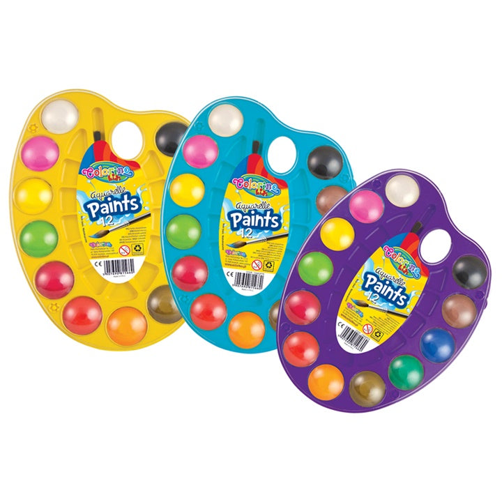 Set vodenih boja Colorino na plastičnoj paleti sa kistom za slikanje.