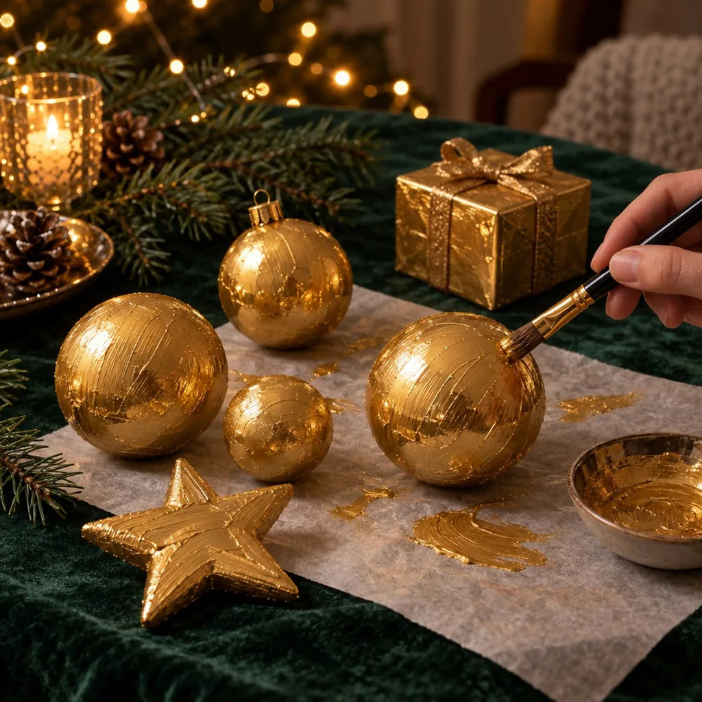 Kugle i zvijezda od stiropora i kartonska kutija obojeni zlatnom pastom ARTMIE MIDAS