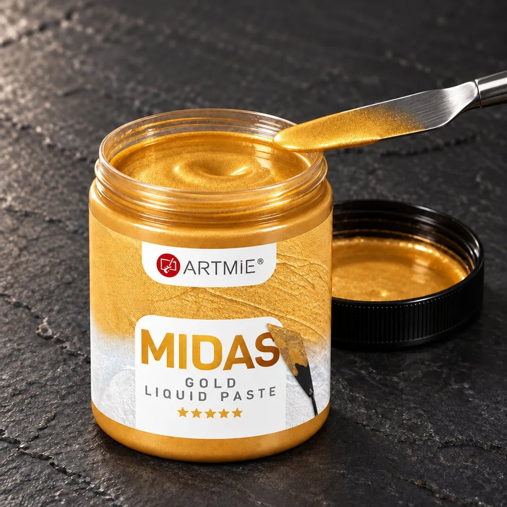Otvorena tegla ARTMIE MIDAS — zlatna tekuća metalik pasta sa vidljivim sjajem unutra